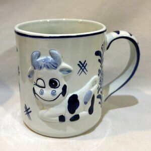 VTG Delft Blauw Blue White Hand Painted Pottery Mug 3D Cow Pattern with Crazing